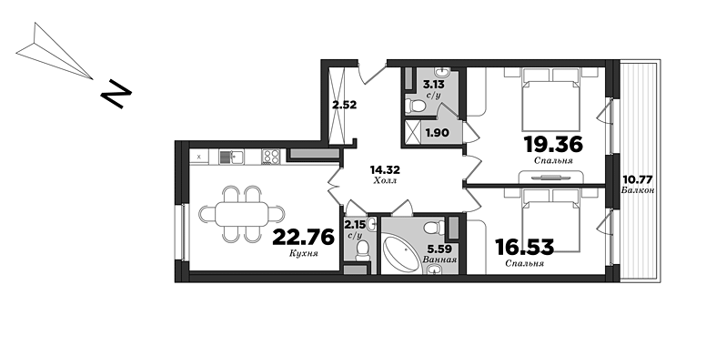 Krestovskiy De Luxe, Building 10, 2 bedrooms, 91.49 m² | planning of elite apartments in St. Petersburg | М16